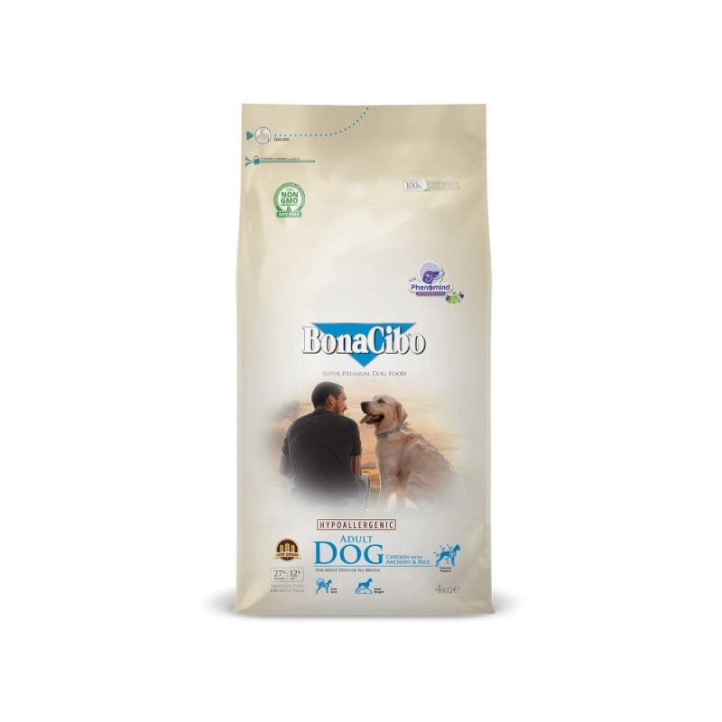 BONACIBO DOG Adult kana, anšoovise ja riisiga koeratoit 4kg